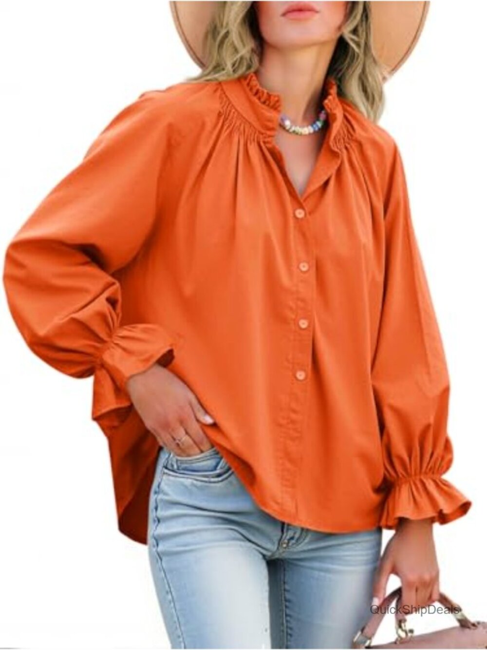 Womens 100% Cotton Puff Long Sleeve Button Down Blouse
